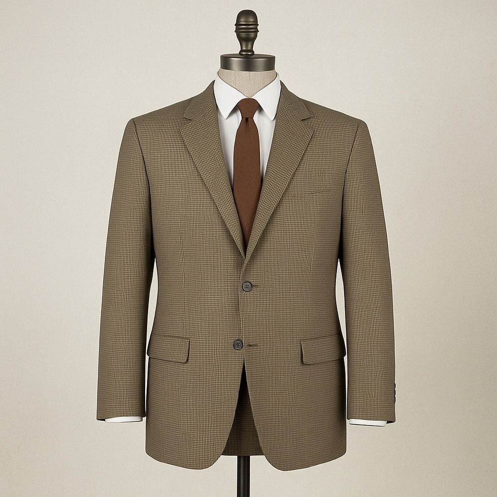 J Ferrar Men's Blazer‎ Jacket 44L Brown Houndstooth 100% worsted Wool Suit Coat